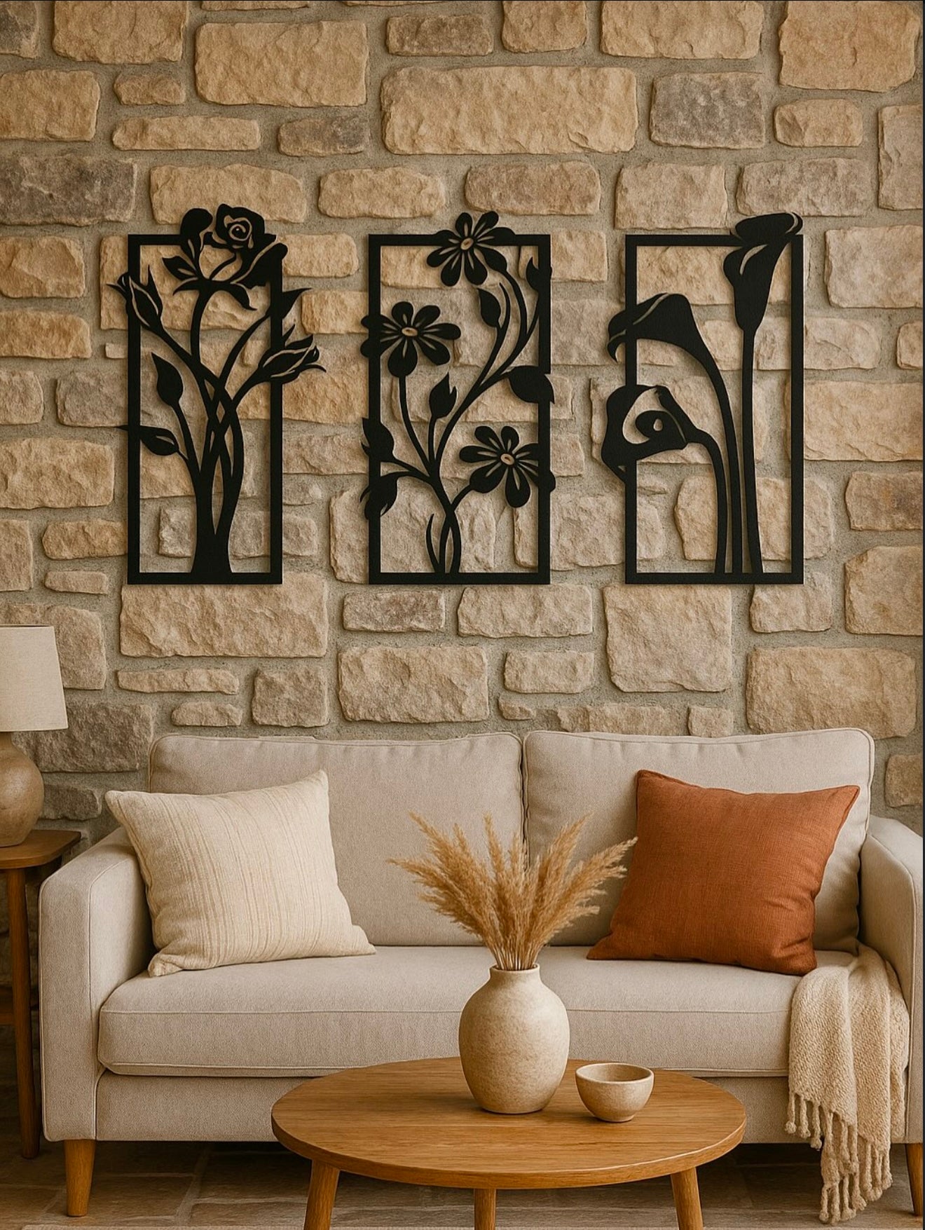 3-Piece Black Floral Wall Art Set – 4x3 ft Handcrafted Wooden Wall Hanging Decor for Living Room & Bedroom