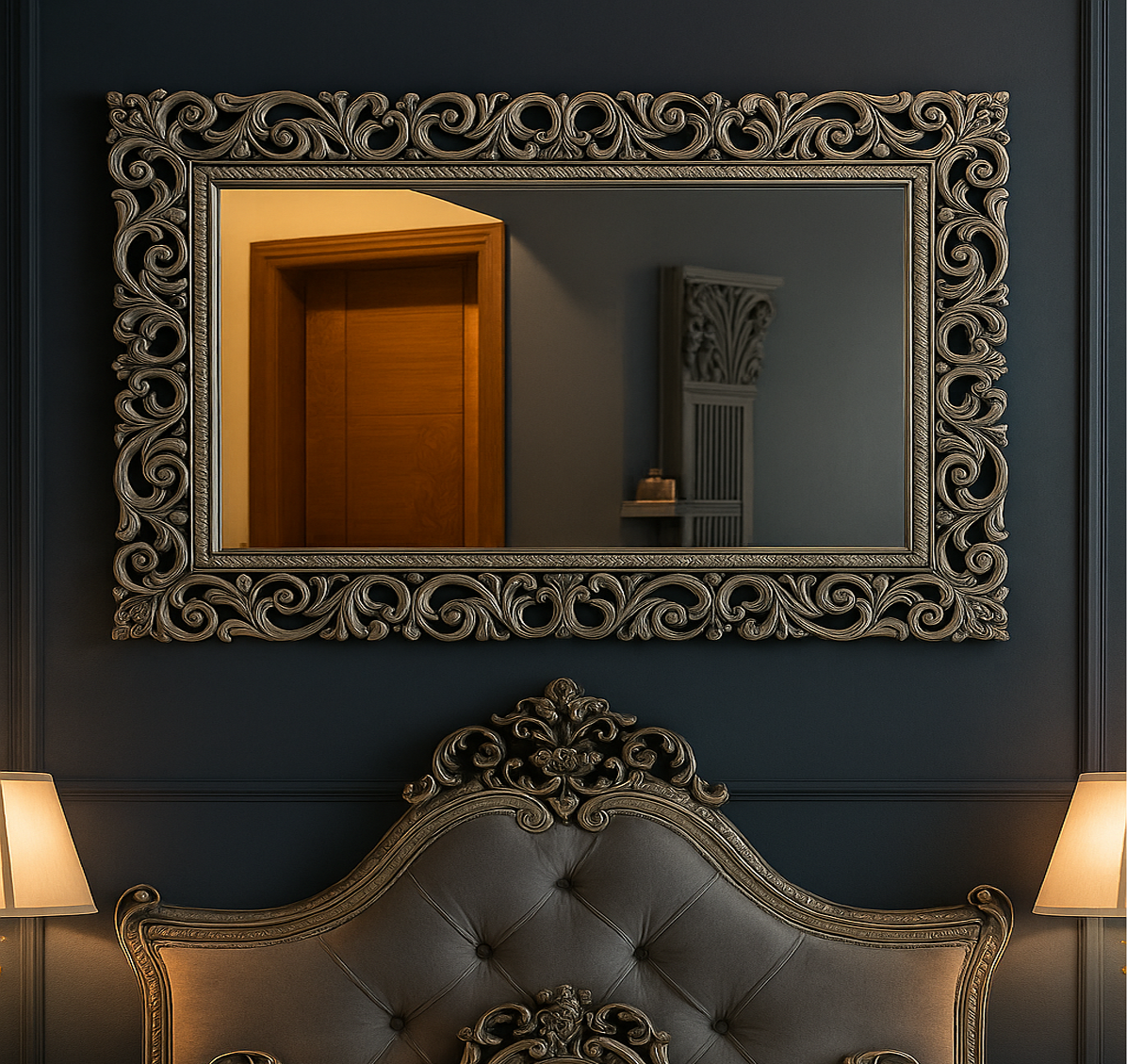 Antique Grey Wooden Wall Mirror