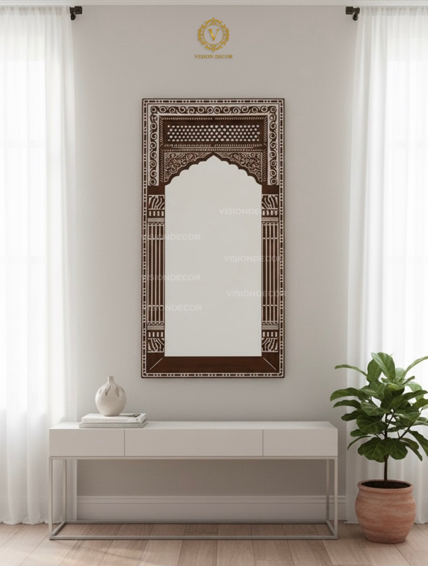 Carved Wooden Arch Floor Mirror – Full-Length Standing Mirror