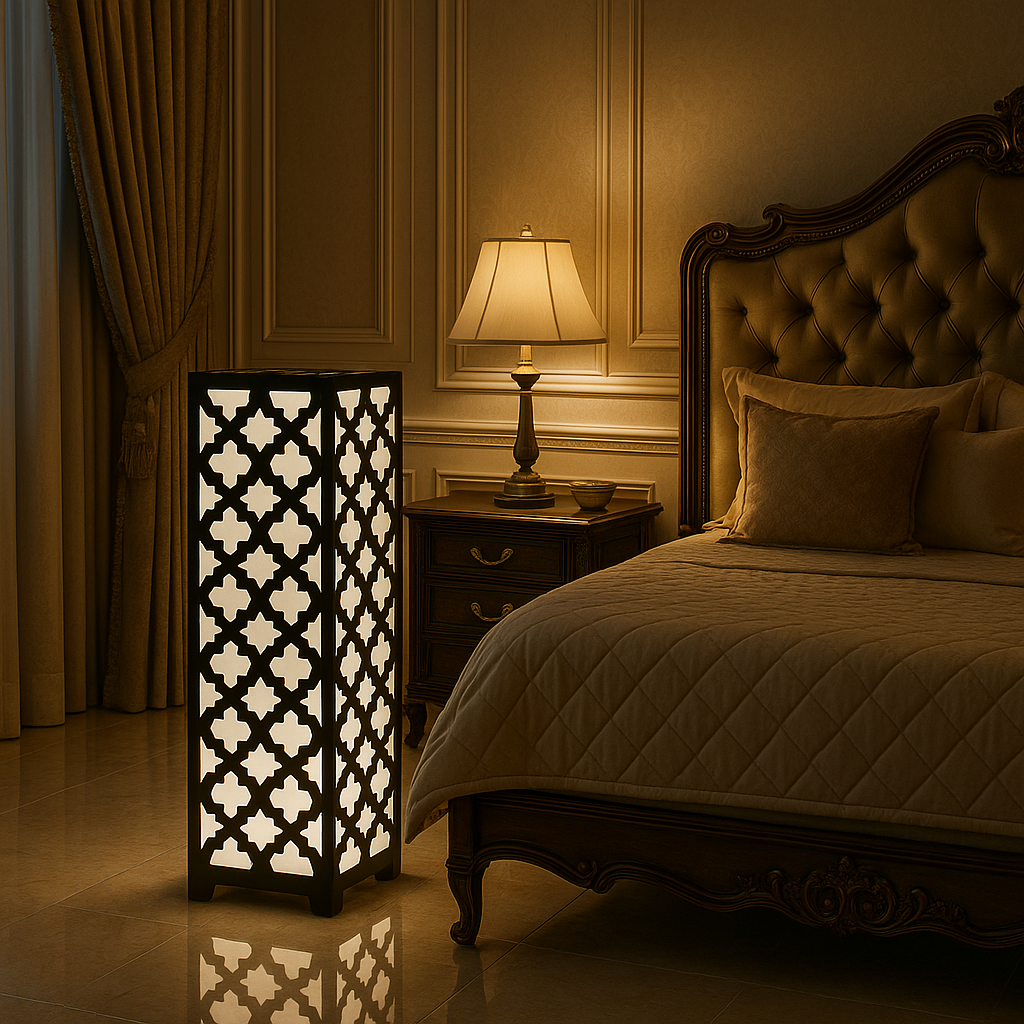 Geometric Cutout Wooden Floor Lamp – 24" Ambient Glow