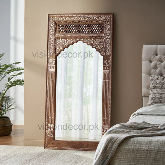 Carved Wooden Arch Floor Mirror – Full-Length Standing Mirror