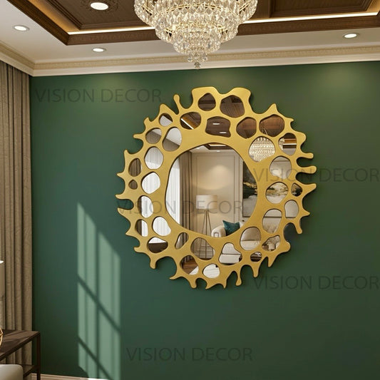 Luxury Gold Wall Mirror with Artistic Wooden Frame – Modern Decorative Mirror for Living Room 