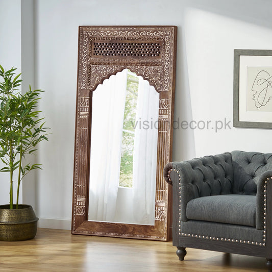 Carved Wooden Arch Floor Mirror – Full-Length Standing Mirror