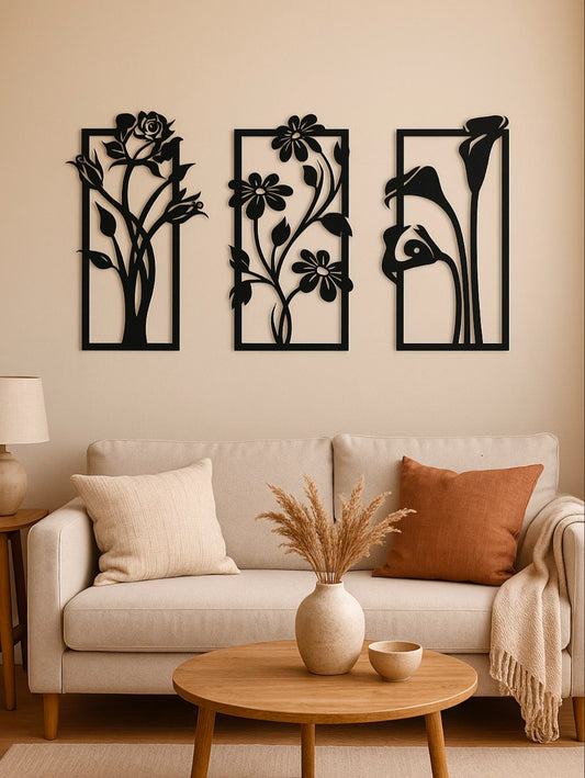 3-Piece Black Floral Wall Art Set – 4x3 ft Handcrafted Wooden Wall Hanging Decor for Living Room & Bedroom