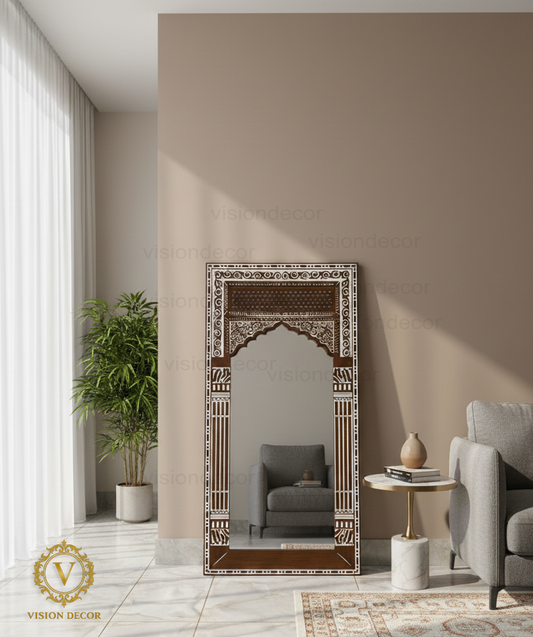 Carved Wooden Arch Floor Mirror – Full-Length Standing Mirror