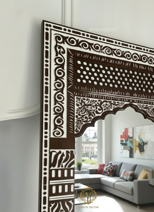 Carved Wooden Arch Floor Mirror – Full-Length Standing Mirror