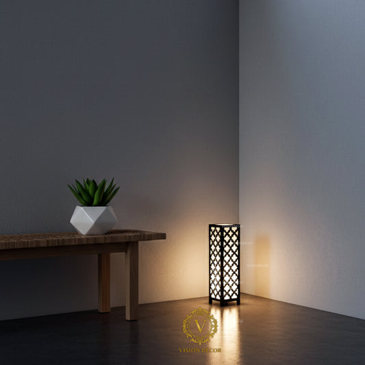 Geometric Cutout Wooden Floor Lamp – 24" Ambient Glow