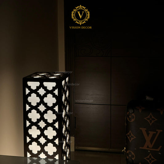 Geometric Cutout Wooden Floor Lamp – 24" Ambient Glow