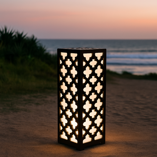 Geometric Cutout Wooden Floor Lamp – 24" Ambient Glow