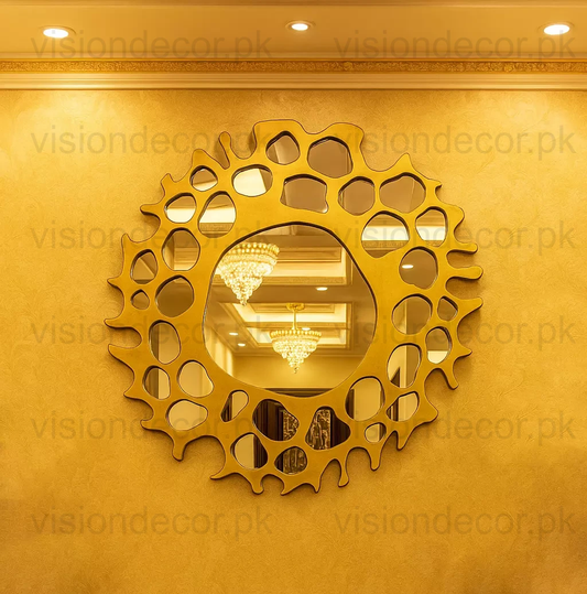 Luxury Gold Wall Mirror with Artistic Wooden Frame – Modern Decorative Mirror for Living Room